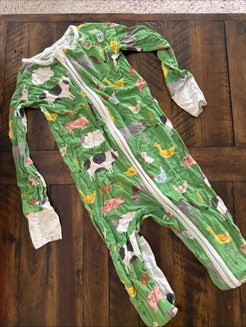 Little Sleepies Green Farm Animal Zip Pajamas
